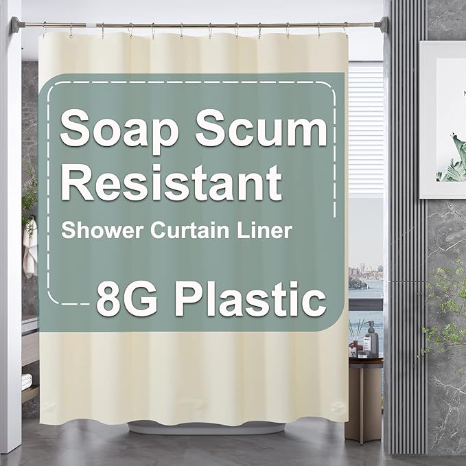 AmazerBath Plastic Shower Curtain Liner, 72 x 72 Inches EVA 8G Heavy Duty Beige Waterproof Weighted Thick Bathroom Curtain with 3 Clear Weights and 12 Rustproof Grommet Holes