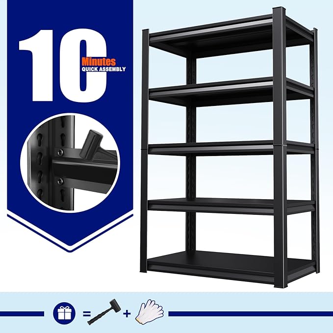 71"H-35"W Garage Shelving, 5-Tier heavy duty storage shelves, Adjustable Metal Shelving Unit, Utility Garage Organizer Shelf for Basement, Pantry, Warehouse, 15.7"D x 35.4"W x 71.2"H, Black
