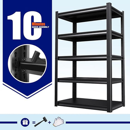 71"H-35"W Garage Shelving, 5-Tier heavy duty storage shelves, Adjustable Metal Shelving Unit, Utility Garage Organizer Shelf for Basement, Pantry, Warehouse, 15.7"D x 35.4"W x 71.2"H, Black