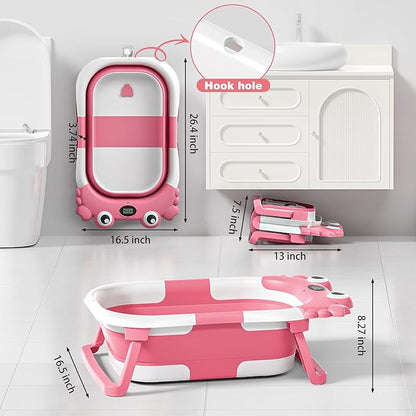 Collapsible Baby Bathtub for Newborns with Thermometer and Soft Floating Cushion Portable and Foldable Travel Baby Girl Bath Tub for Infants to Toddler 0-36 Month (Pink)
