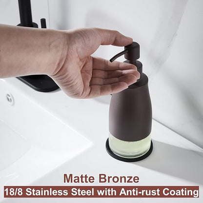 Gaussra Bronze Soap Dispenser with Coaster and Stickers, Stainless Steel and Glass Bottle Hand Pump Dispenser, Refillable Liquid Hand Soap Dispenser for Bathroom & Kitchen (11OZ / 320ML)