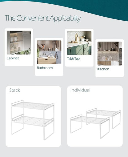 2Pack Kitchen Cabinet Shelf Counter Organizer Rack Pantry Storage Bathroom Bedroom Office Table Desk Space Saving Stackable Rust Resistant Non Slip White Wide L16.1in W10.6in H7.3in