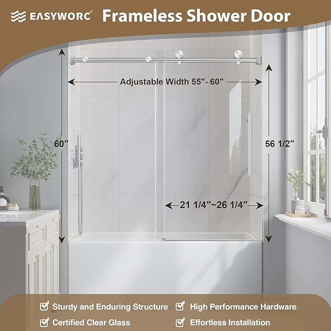 Bathtub Shower Door Frameless, 55-60" W x 60" H Sliding Tub Shower Door, 1/4''(6mm) SGCC Tempered Glass with Explosion-Proof Film Nano Coating, Stainless Steel Hardware, Brushed Nickel
