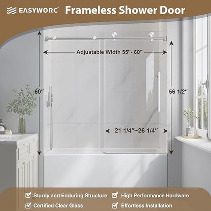 Bathtub Shower Door Frameless, 55-60" W x 60" H Sliding Tub Shower Door, 1/4''(6mm) SGCC Tempered Glass with Explosion-Proof Film Nano Coating, Stainless Steel Hardware, Brushed Nickel