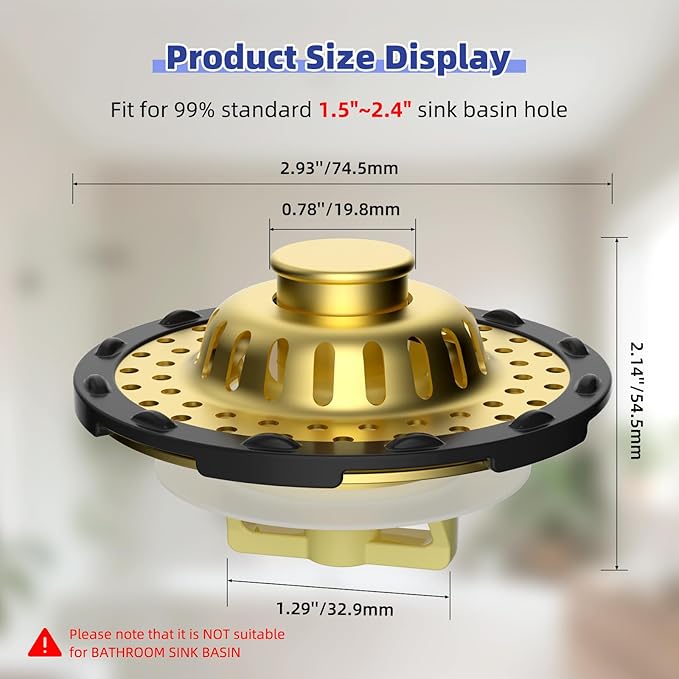Metal 2 Pack Bathtub Drain Stopper with Top Hair Catcher, 3 in 1 Pop-up Bathtub Strainer, Tub Stopper with Detachable Stainless Steel Filter Basket for Standard 1.5 to 2.4'' Drain, Brushed Gold