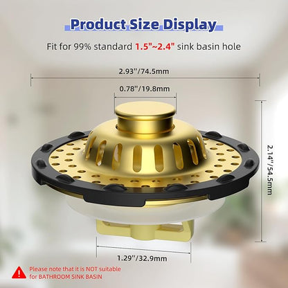 Metal 2 Pack Bathtub Drain Stopper with Top Hair Catcher, 3 in 1 Pop-up Bathtub Strainer, Tub Stopper with Detachable Stainless Steel Filter Basket for Standard 1.5 to 2.4'' Drain, Brushed Gold