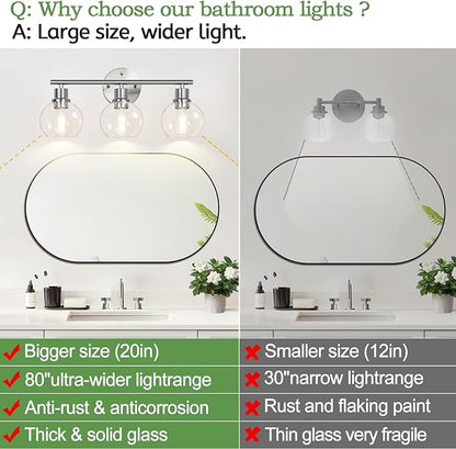 3-Light Bathroom Light Fixtures, Brushed Nickel Modern Vanity Lights Over Mirror with Clear Glass Globe Shade, Bathroom Wall Sconces for Mirror Kitchen Living Room Hallway Cabinet Bedroom Porch