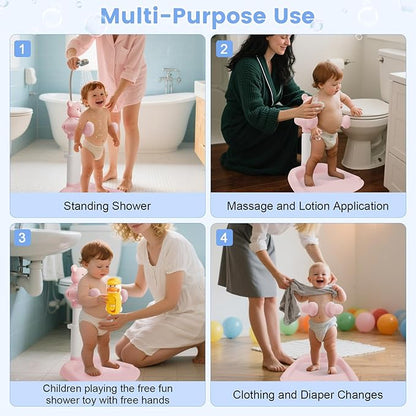 Adjustable Baby Shower Stand with Slip Base,Huggable Bear Bathing Support,Portable Shower Baby Stand,Bath Standing Shower, Baby Bath Seat(Pink)