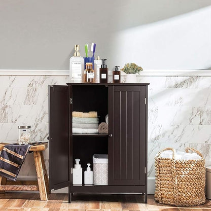 Tangkula Freestanding Storage Cabinet with Double Doors and Shelf, Modern Home Furniture, Wooden Home Organizer for Living Room, Bathroom Storage, Brown