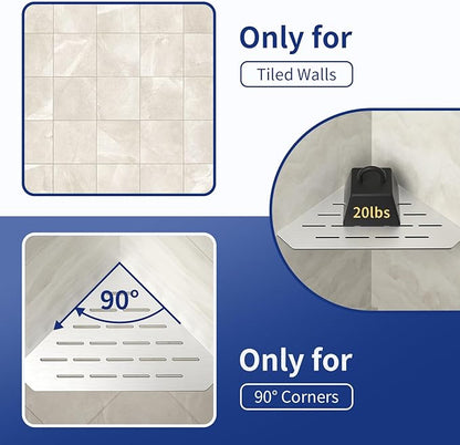 Corner Shower Shelf 10" Brushed 304 Stainless Steel Pentagonal Heavy Duty Floating Corner Sheves Slot Design Recessed Bathroom Shelf for Tiled Wall 2 Pack, No Drilling Needed