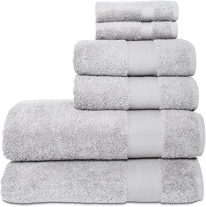 Hencely 6-Piece Bath Towel Set - High Absorbency, Quick Drying - 100% Soft Turkish Cotton - 2 Bath Towels, 2 Hand Towels, 2 Washcloths - for Bathroom, Home, Hotel, Spa, and Gym - 6-Pack Silver