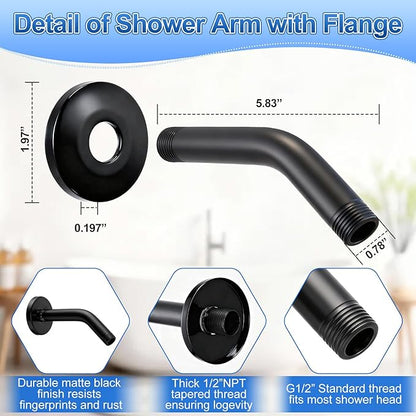 3 Piece Bathroom Fixture Set in Matte Black Shower Arm with Flange, Bathtub Drain, and 5-1/4 Inch Tub Spout Complete Upgrade Kit for Modern Bathrooms