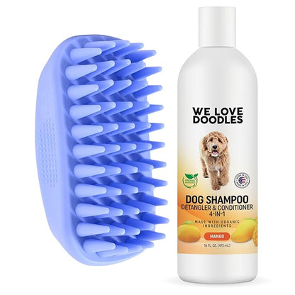 We Love Doodles Pet Rubber Bath Brush and Dog Shampoo (Bundle) - for Shower Scrubbing & Soothing Massage and Organic Dog Shampoo, Conditioner & Detangler - Made in The USA