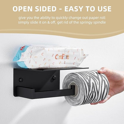 Angle Simple Toilet Paper Holder with Shelf Matte Black, 304 Stainless Steel Lavatory Tissue Roll Holder for Wall