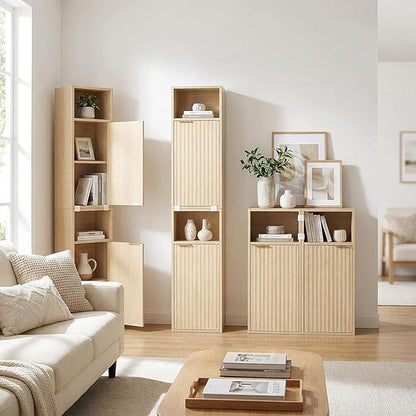 59.1" Tall Slim Bathroom Storage Cabinet Oak | Freestanding or Wall Mounted Modular Cabinet, Fluted Panel Linen Tower with Adjustable Shelves for Small Spaces