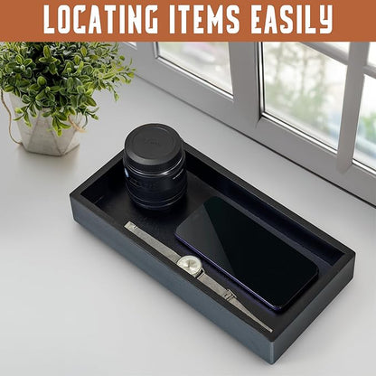 Demigo Acacia Valet Tray, 12.2 x 6 in Men and Women Wooden Catch All Tray for Entryway Table, Bedside Nightstand Organizer, Home Office, Tabletop Storage Vanity for Wallet, Jewelry, Perfume (Black)