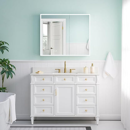 WELLFOR 36" X 30" Medicine Cabinet with Lights, 3X Magnification, Anti-Fog Mirrored Cabinet, Double Doors with Mirror, Bathroom Vanity Medicine Cabinet with Outlets & USB Ports