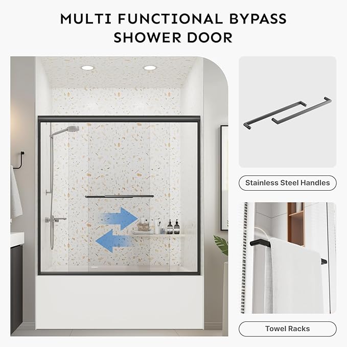 Bathtub Shower Door - 58-60" W×59" H Adjustable Aluminum Frame - 1/4 Tempered Glass with Clear Anti-Explosion Film - 4 Aluminum Rollers - Sliding Glass Door for Tub