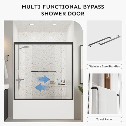 Bathtub Shower Door - 58-60" W×59" H Adjustable Aluminum Frame - 1/4 Tempered Glass with Clear Anti-Explosion Film - 4 Aluminum Rollers - Sliding Glass Door for Tub