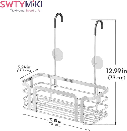 SWTYMIKI Shower Caddy Hanging Organizer - Over the Door Shower Caddy with 6 Hooks, 2 Installation Ways, Stainless Steel Rustproof Bathroom Organizer, Silver
