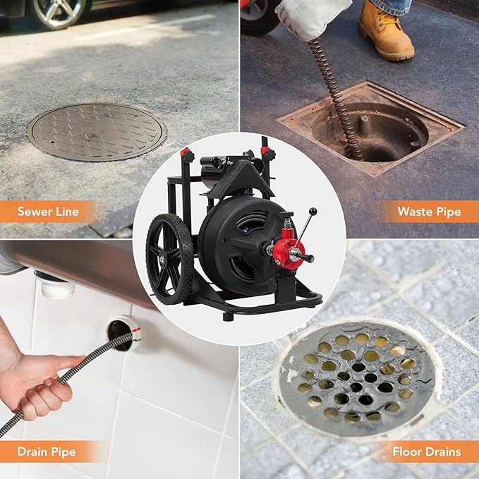 Heavy Duty Electric Drain Cleaner Machine, 100 Ft x 1/2 Inch Sewer Snake, 370w Auto-Feed, 6 Interchangeable Cutters, Gloves, Portable Pipe Cleaning Tool for 2-4 Inch Pipes
