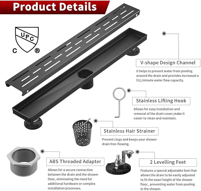 Sharp-tec Linear Shower Drain, 36 inch Shower Drain with Removable Pattern Cover, Matte Black 304 Stainless Steel Rectangle Floor Drain, Adjustable Feet and Hair Strainer Included (Model 101)