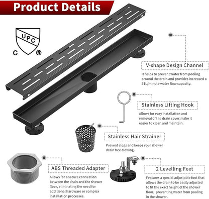 Sharp-tec Linear Shower Drain, 36 inch Shower Drain with Removable Pattern Cover, Matte Black 304 Stainless Steel Rectangle Floor Drain, Adjustable Feet and Hair Strainer Included (Model 101)