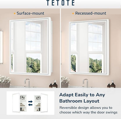 TETOTE Medicine Cabinet Mirror White Framed 21 x 27 Inch Aluminum Framed Surface or Recessed Wall-Mounted Bathroom Medicine Cabinets Beveled Mirror with Storage 1 Door Modern Farmhouse
