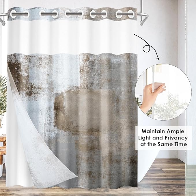 No Hook Grey Brown Painting Shower Curtain with Snap in Fabric Liner Set, Gray Abstract Double Layers Waterproof Fabric with See Through Top Window Open Grommet Bath Curtain 71x74 Inch