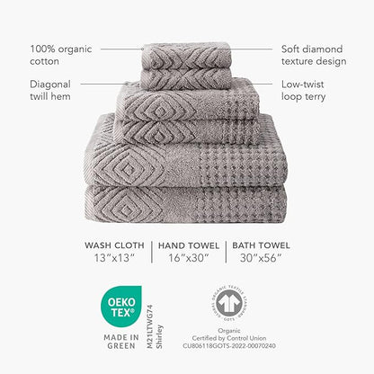 Texere 100% Organic Cotton Diamond Jacquard 700 GSM Luxury Bath Towel Sets - Ultra Soft and Absorbent Hotel and Spa Quality (Diamond, Cathedral Gray, 2 Hand & 2 Face Towels)