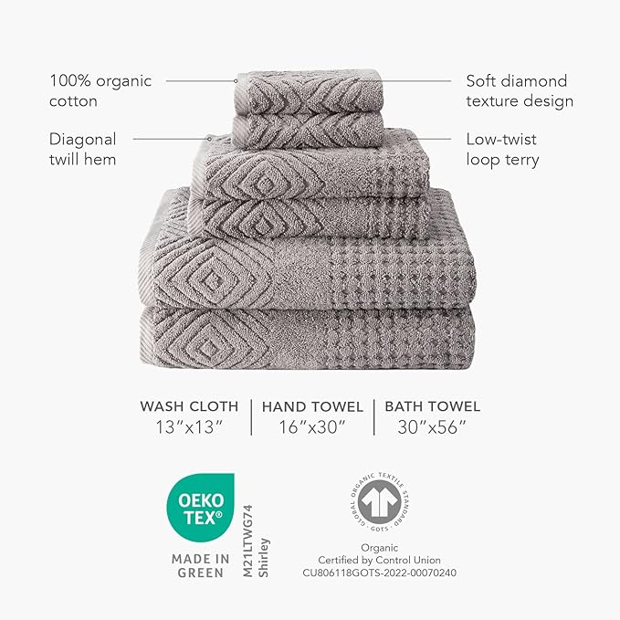 Texere 100% Organic Cotton Diamond Jacquard 700 GSM Luxury Bath Towel Sets - Spa Quality Bath Towels, Hand Towels, Washcloths (Diamond, Black, 6 Piece)