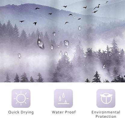 Riyidecor Purple Mountain Shower Curtain 72Wx78H Inch Nature Scenery Landscape Rustic Pine Tree Misty Foggy Mountain Dark Natural View Mens Bathroom Decor Fabric Polyester Waterproof 12 Pack Hooks