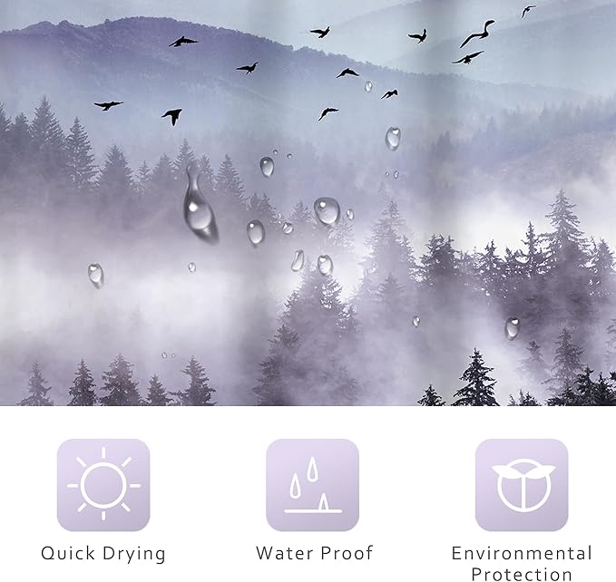 Riyidecor Purple Shower Curtain 48Wx72H Inch,Stall Narrow Rv Small Nature Mountain Woods,Rustic Landscape Scenery Pine Tree Natural Woodland Bathroom Decor Fabric Polyester Waterproof 12 Pack Hooks