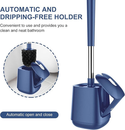 SetSail Toilet Brush and Holder 4 Pack, Self Closing Lid Toilet Bowl Brushes Holder Extra Long Handle Ventilated Toilet Brush Set for Bathroom Cleaning, Nylon Bristles, Dark & Blue