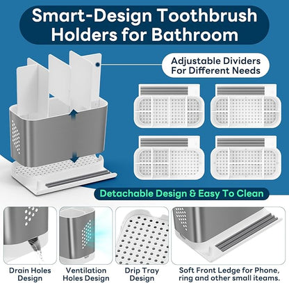Bathroom Countertop Organizer with Front Ledge for Phone, Detachable Kids Toothbrush Holders with Cord Slots and Ring Holder, 6 Slots Toothbrush Toothpaste Holder with Drainage for Family