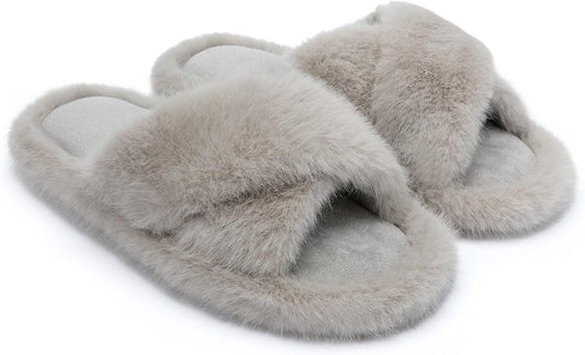 Chantomoo Womens Slippers Memory Foam Fuzzy Cross Band Faux Fur Slippers for Women Gift