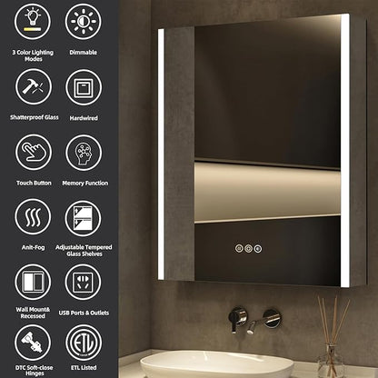 Medicine Cabinet with LED Lights and Mirror, 24 x 30 Inch Surface or Recessed Mounted Bathroom Cabinets with Door, Defogger, Memory Function, 3-Color Mode, Outlet&USB, Dimmer, Storage Shelf