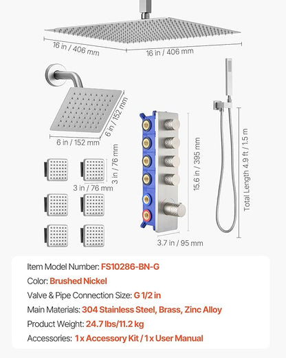 VEVOR Shower Faucet Set, 16 Inch Thermostatic Ceiling Mount Rainfall Shower System with 6 Inch Wall Mount Head, 6 Body Jets and Handheld Spray, Dual Rain Head Brass Valve and Trim Kit, Brushed Nickel