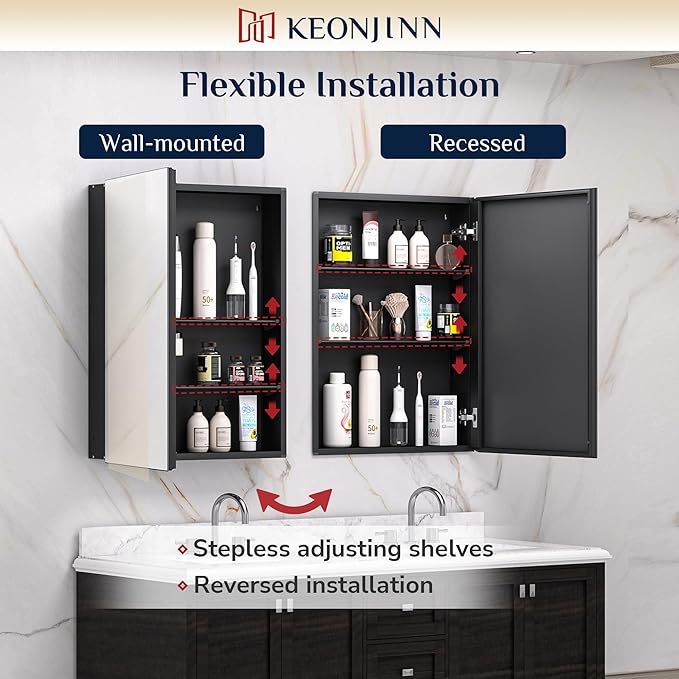 Keonjinn 30 x 26 Inch Black Medicine Cabinet, Bathroom Medicine Cabinet with Mirror, Lightweight Aluminum Structure, Assembly Required, in Wall or Wall Mount, Free Adjustable Shelves, Tempered Glass