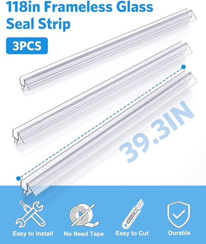 Shower Door Bottom Seal, 3Pack Shower Door Sweep Strip, Frameless Glass Doors Seal Strip for 3/8'' (10mm) Thick Doors, 39.3'' x 0.39'' Showers Water Guard Barrier
