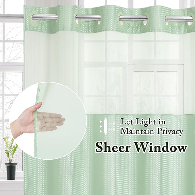 Gibelle No Hook Waffle Weave Shower Curtain with Snap-in Fabric Liner Set for Bathroom, Hotel Style with Mesh Top Window, Waterproof & Washable, Mint Green, 72x74