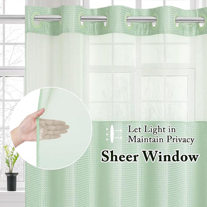 Gibelle Extra Long Shower Curtain 72x86, Waffle Weave Bathroom Shower Curtain with Snap-in Fabric Liner Set, No Hooks Needed, Hotel Style with Mesh Top Window, Mint Green