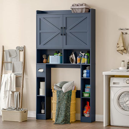 Over The Toilet Storage Cabinet, Farmhouse Toilet Cabinet Rack with Barn Doors, Space Saving Bathroom Organizer with Shelves, Toilet Paper Holder and Towel Rack for Bathroom,Restroom,Laundry,Blue