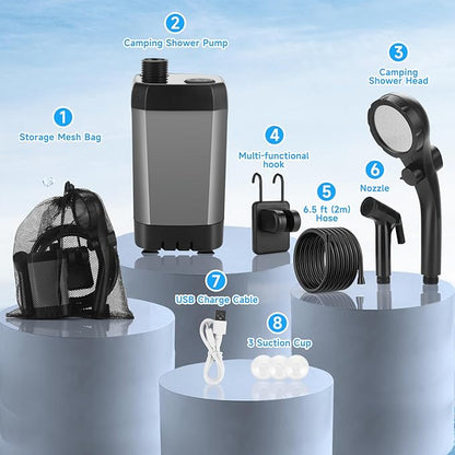 Portable Shower for Camping, Rechargeable Camping Shower Pump with LED Display of Battery Level and Temperature