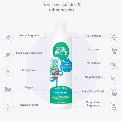 Fresh Monster 2-in-1 Kids Shampoo & Body Wash, Ocean Splash - 8.5oz, Toxin-Free, Hypoallergenic, Natural & PETA Certified Cruelty-Free, Unisex