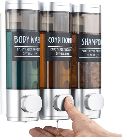 Shampoo and Conditioner Dispenser,GlintGath Shower Dispenser 3 Chamber No Drill Shampoo Dispenser for Shower Wall Mounted Shower Soap Dispenser for Bathroom Hotel,3 * 300ML,Silver