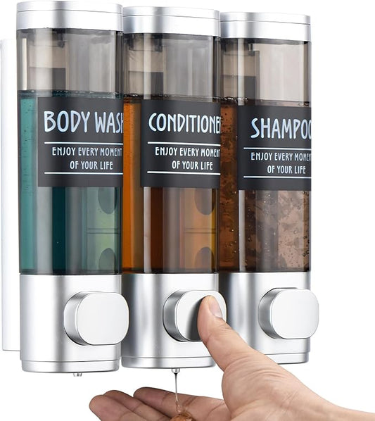 Shampoo and Conditioner Dispenser,GlintGath Shower Dispenser 3 Chamber No Drill Shampoo Dispenser for Shower Wall Mounted Shower Soap Dispenser for Bathroom Hotel,3 * 300ML,Silver