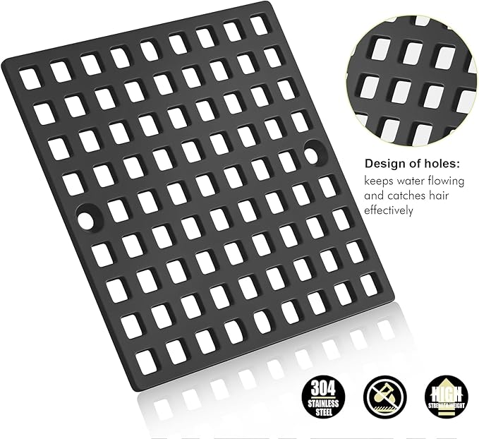 2PC 3-7/8" Matte Black Shower Drain Cover - Square Floor Drain Cover Replacement - Hair Catcher/Drain Strainer for Bathrooms, Showers, and Sinks - SUS304 Stainless Steel & CUPC Certified