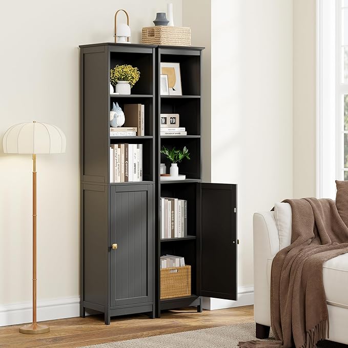 RRX Tall Bathroom Storage Cabinet,Slim Bathroom Cabinet with Door &Shelf,13.8" L*12.6" W*63.4" H,Freestanding Narrow Cabinet with Anti-Tip,Storage for Kitchen,Entryway (Black)