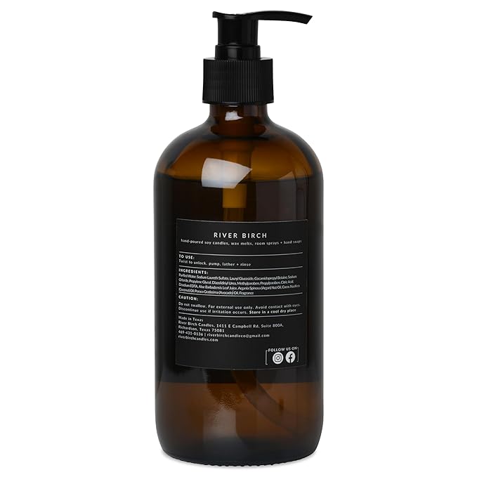 River Birch Balsam & Cedar Scented Natural Hand Soap -Handmade -Moisturizing Hand Wash with Amber Glass Dispenser - Luxury Scented Hydrating Hand Soap - Vegan and Non-Toxic -16 Fl Oz